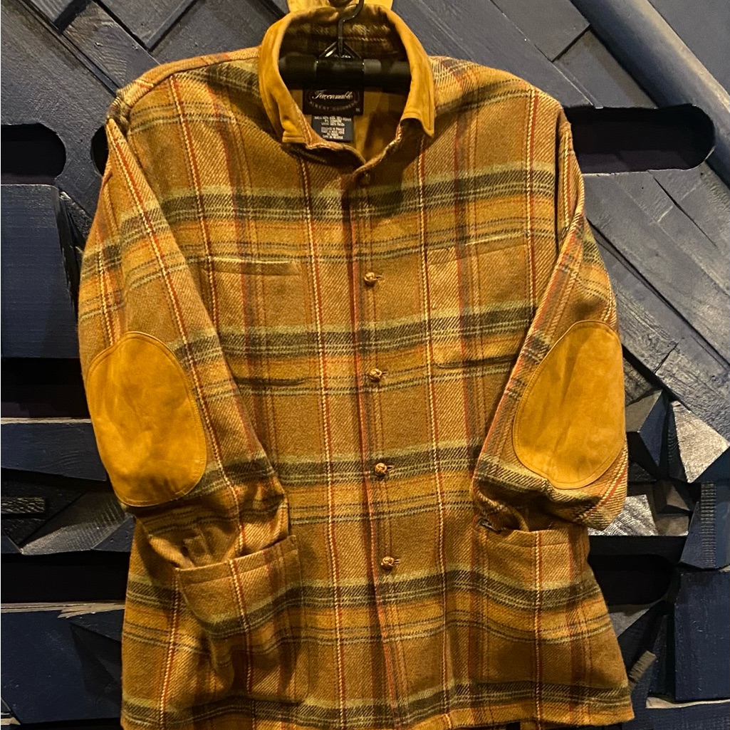 Vintage 90s Faconnable Brown Plaid Jacket/Shirt With Suede Elbow/Collar Patches